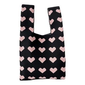 NWT CHEARTSO Knit Small Tote Crossover Handle Handbag Black With Pink Hearts
